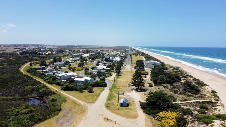 A drone view of Seapray looking along the 90 mile beach